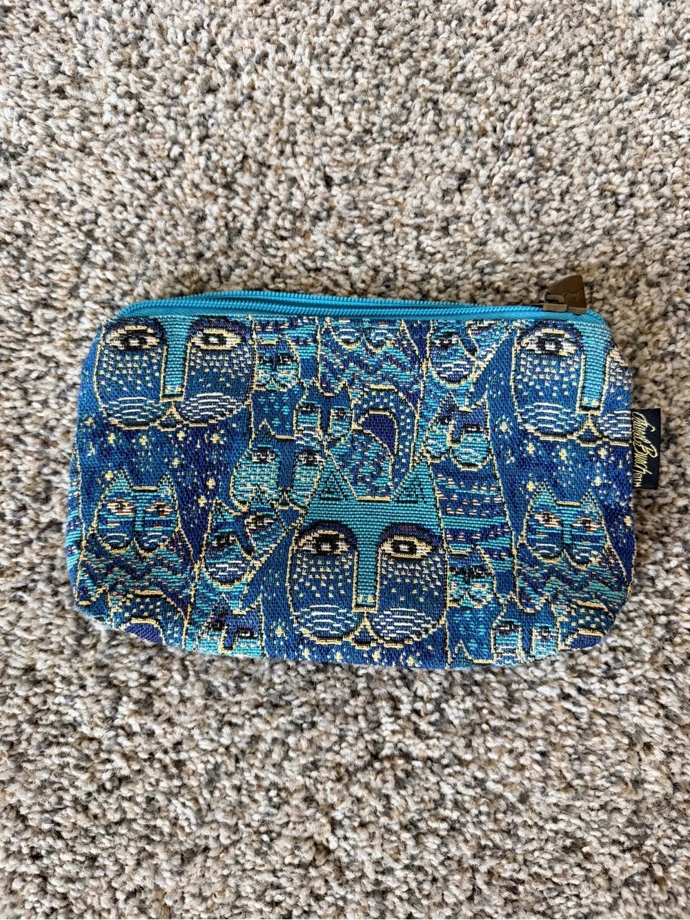 Laurel Burch Teal and Navy Cat Motif Cosmetic Pouch